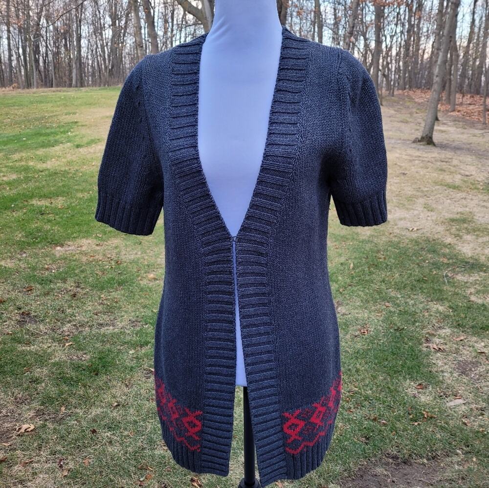 Banana Republic Holiday Wool Blend Charcoal Cardigan with Red Geometric  Accent
